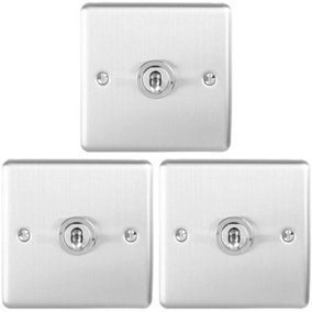 3 PACK 1 Gang Single Retro Toggle Light Switch SATIN STEEL 10A 2 Way Wall Plate