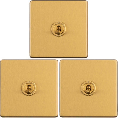 3 PACK 1 Gang Single Retro Toggle Light Switch SCREWLESS SATIN BRASS 10A 2 Way