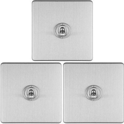 3 PACK 1 Gang Single Retro Toggle Light Switch SCREWLESS SATIN STEEL 10A 2 Way