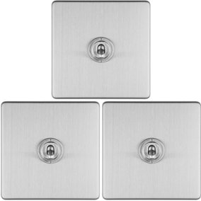 3 PACK 1 Gang Single Retro Toggle Light Switch SCREWLESS SATIN STEEL 10A 2 Way