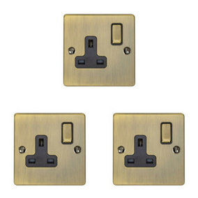 3 PACK 1 Gang Single UK Plug Socket ANTIQUE BRASS 13A Switched Power Outlet