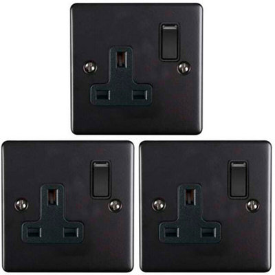 3 PACK 1 Gang Single UK Plug Socket MATT BLACK 13A Switched Power