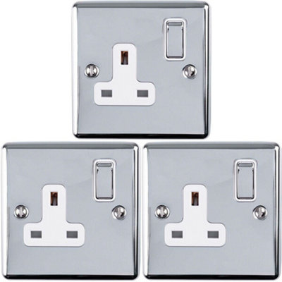 3 PACK 1 Gang Single UK Plug Socket POLISHED CHROME 13A Switched White ...