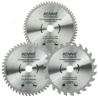 3 Pack - 165mm x 24T 36T & 60T TCT Cordless Circular Wood Saw Blades With A Thin Kerf. Fits Bosch Makita Ryobi Dewalt Saws etc