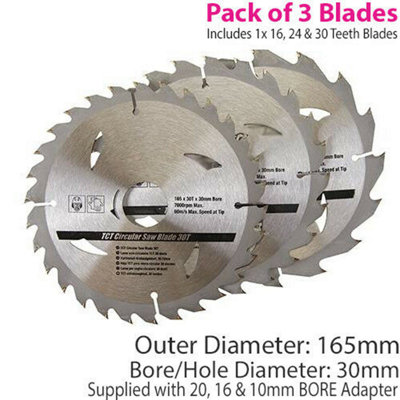 3 Pack 165mm x 30mm TCT Circular Saw Blades 162430 Teeth 20mm 16mm 10mm