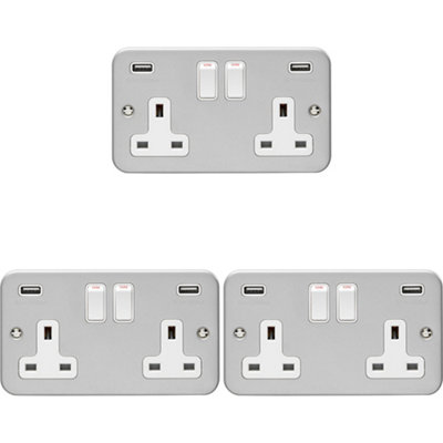 3 PACK 2 Gang 13A Switched UK Plug Socket & 2.1A USB-A HEAVY DUTY METAL CLAD