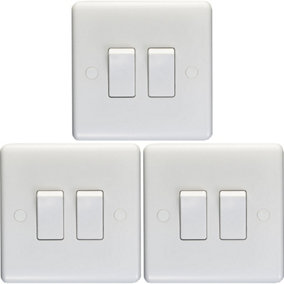 3 PACK 2 Gang Double 10A Light Switch 2 Way - WHITE PLASTIC Wall Plate Rocker