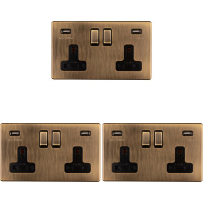 3 PACK 2 Gang Double 13A UK Plug Socket & 2.1A USB-A SCREWLESS ANTIQUE BRASS