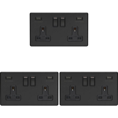 3 PACK 2 Gang Double 13A UK Plug Socket & 2.1A USB-A SCREWLESS MATT BLACK
