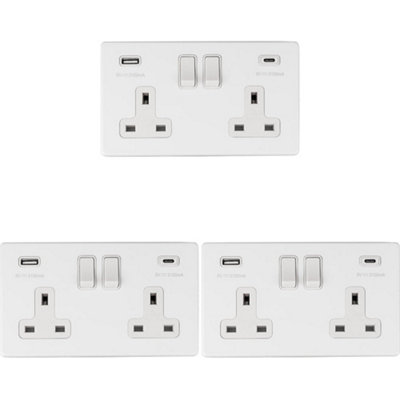 3 PACK 2 Gang Double 13A UK Plug Socket & 2x 3.1A USB-C & A SCREWLESS MATT WHITE