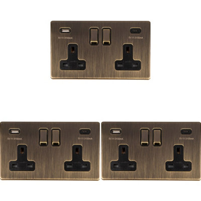 3 PACK 2 Gang Double 13A UK Plug Socket & 2x 3.1A USB-C SCREWLESS ...