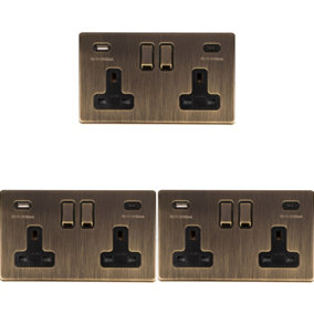 3 PACK 2 Gang Double 13A UK Plug Socket & 2x 3.1A USB-C SCREWLESS ANTIQUE BRASS