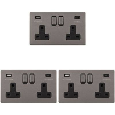 3 PACK 2 Gang Double 13A UK Plug Socket & 2x 3.1A USB-C SCREWLESS BLACK NICKEL