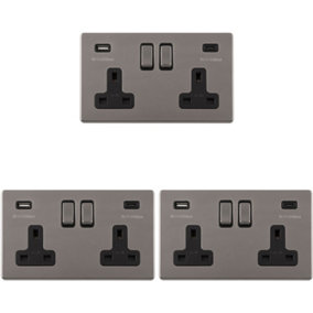 3 PACK 2 Gang Double 13A UK Plug Socket & 2x 3.1A USB-C SCREWLESS BLACK NICKEL