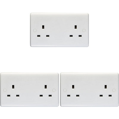 3 PACK 2 Gang Double 13A Unswitched UK Plug Socket WHITE Wall Power Outlet DIY at B&Q