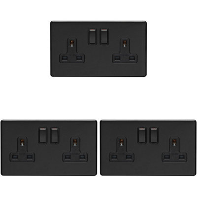 3 PACK 2 Gang Double DP 13A Switched UK Plug Socket SCREWLESS MATT BLACK Wall Power