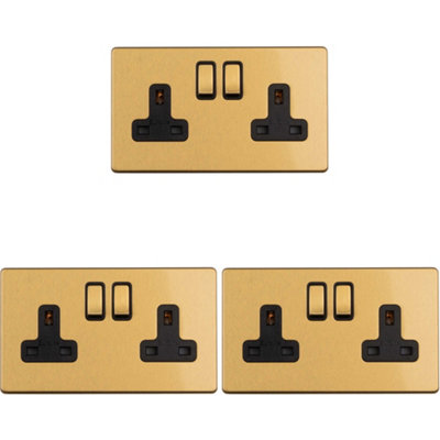 3 PACK 2 Gang Double DP 13A Switched UK Plug Socket SCREWLESS SATIN BRASS Power