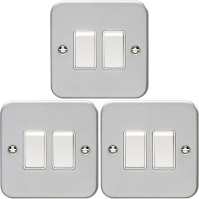 3 PACK 2 Gang Double Light Switch 2 Way 10A HEAVY DUTY METAL CLAD - White Rocker