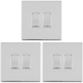 3 PACK 2 Gang Double Light Switch SCREWLESS POLISHED CHROME 2 Way 10A Rocker