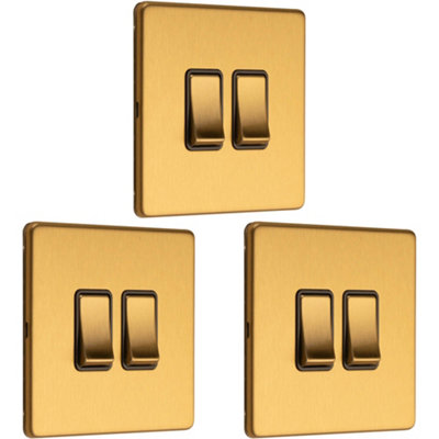 3 PACK 2 Gang Double Light Switch SCREWLESS SATIN BRASS 2 Way 10A Slim ...