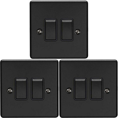 3 PACK 2 Gang Double Metal Light Switch MATT BLACK 2 Way 10A Black Trim