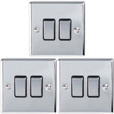 3 PACK 2 Gang Double Metal Light Switch POLISHED CHROME 2 Way 10A Black Trim