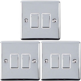 3 PACK 2 Gang Double Metal Light Switch POLISHED CHROME 2 Way 10A White Trim