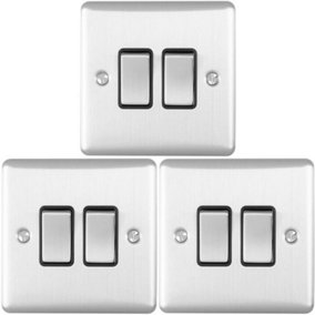 3 PACK 2 Gang Double Metal Light Switch SATIN STEEL 2 Way 10A Black Trim