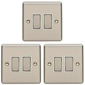 3 PACK 2 Gang Double Metal Light Switch SATIN STEEL 2 Way 10A White Trim