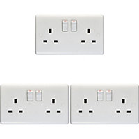 3 PACK 2 Gang Double Pole 13A Switched UK Plug Socket - WHITE Wall Power Outlet