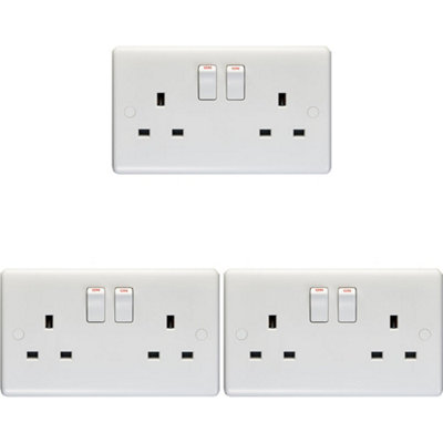 3 PACK 2 Gang Double Pole 13A Switched UK Plug Socket - WHITE Wall Power Outlet