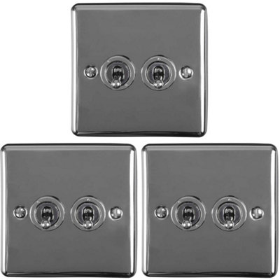 3 PACK 2 Gang Double Retro Toggle Light Switch BLACK NICKEL 10A 2 Way Plate