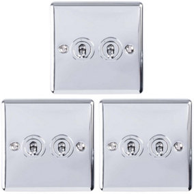 3 PACK 2 Gang Double Retro Toggle Light Switch POLISHED CHROME 10A 2 Way Plate