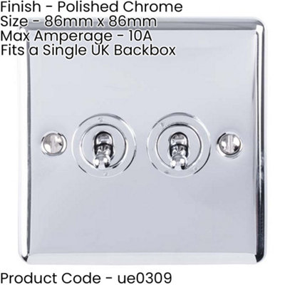 3 PACK 2 Gang Double Retro Toggle Light Switch POLISHED CHROME 10A 2 Way Plate