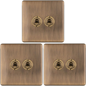 3 PACK 2 Gang Double Retro Toggle Light Switch SCREWLESS ANTIQUE BRASS 10A 2 Way