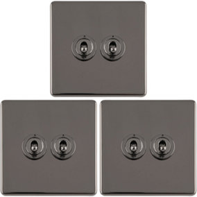 3 PACK 2 Gang Double Retro Toggle Light Switch SCREWLESS BLACK NICKEL 10A 2 Way