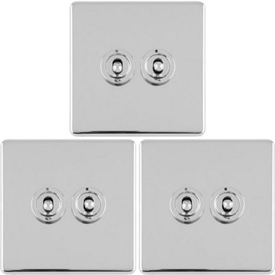 3 PACK 2 Gang Double Retro Toggle Light Switch SCREWLESS CHROME 10A 2 Way Plate