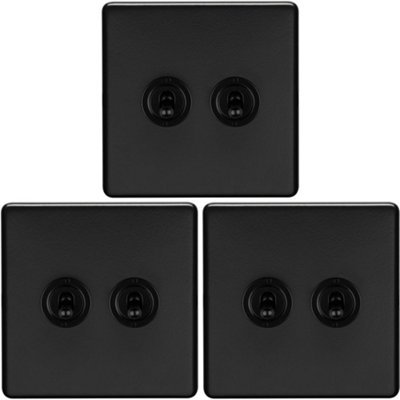 3 PACK 2 Gang Double Retro Toggle Light Switch SCREWLESS MATT BLACK 10A 2 Way