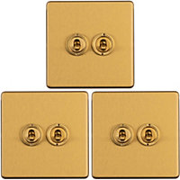 3 PACK 2 Gang Double Retro Toggle Light Switch SCREWLESS SATIN BRASS 10A 2 Way