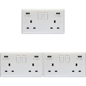 3 PACK 2 Gang Double UK Plug Socket & 2.1A USB-A Charger WHITE 13A Switched
