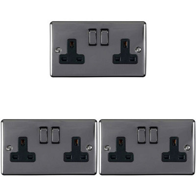 3 PACK 2 Gang Double UK Plug Socket BLACK NICKEL 13A Switched Power