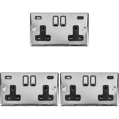 3 PACK 2 Gang Double UK Plug Socket & Dual 3.1A USB-C & A CHROME 13A Switched