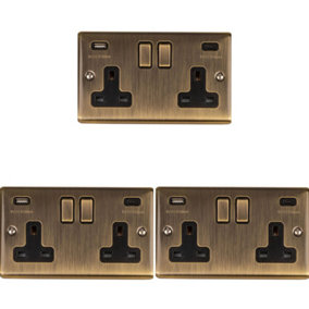3 PACK 2 Gang Double UK Plug Socket & Dual 3.1A USB-C ANTIQUE BRASS 13A Switched