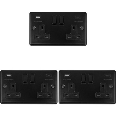 3 PACK 2 Gang Double UK Plug Socket & Dual 3.1A USB-C MATT BLACK 13A Switched