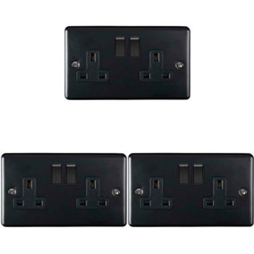 3 PACK 2 Gang Double UK Plug Socket MATT BLACK 13A Switched Power Outlet