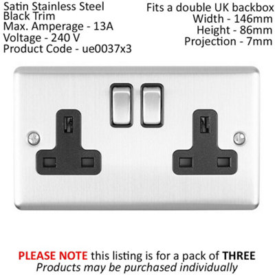 3 PACK 2 Gang Double UK Plug Socket SATIN STEEL & Black 13A Switched Outlet