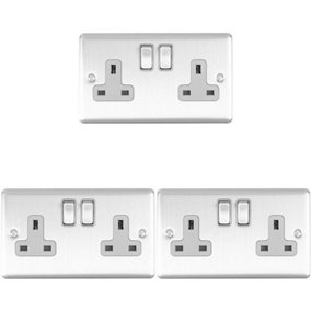 3 PACK 2 Gang Double UK Plug Socket SATIN STEEL & Grey 13A Switched Outlet