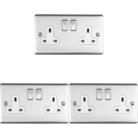 3 PACK 2 Gang Double UK Plug Socket SATIN STEEL & White 13A Switched Outlet