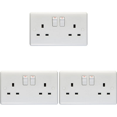 3 PACK 2 Gang Single Pole 13A Switched UK Plug Socket WHITE Double ...