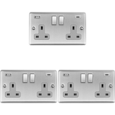 3 PACK 2 Gang UK Plug Socket & 2x 3.1A USB-C & A SATIN STEEL & GREY 13A Switch